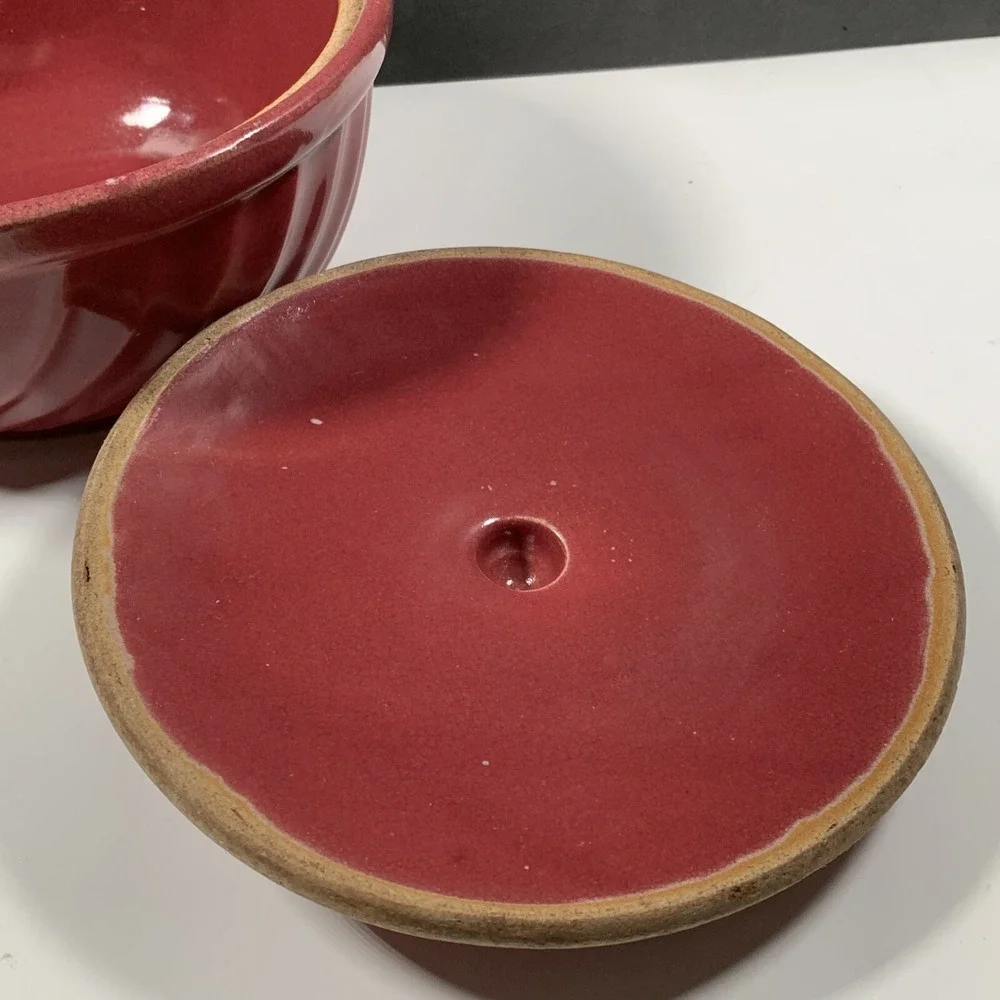 Vintage Bean Pot Casserole Dish Lidded Red Swirl Pottery USA Oven Ware Rustic